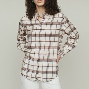 Maje Plaid Long Sleeve Button Down Shirt Blue Tan Size 3/Large
